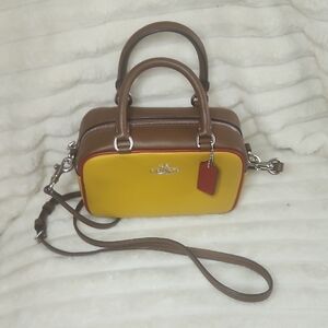 Coach Two-Tone Brown, Yellow Red Trim Crossbody Bag 2024 Like New